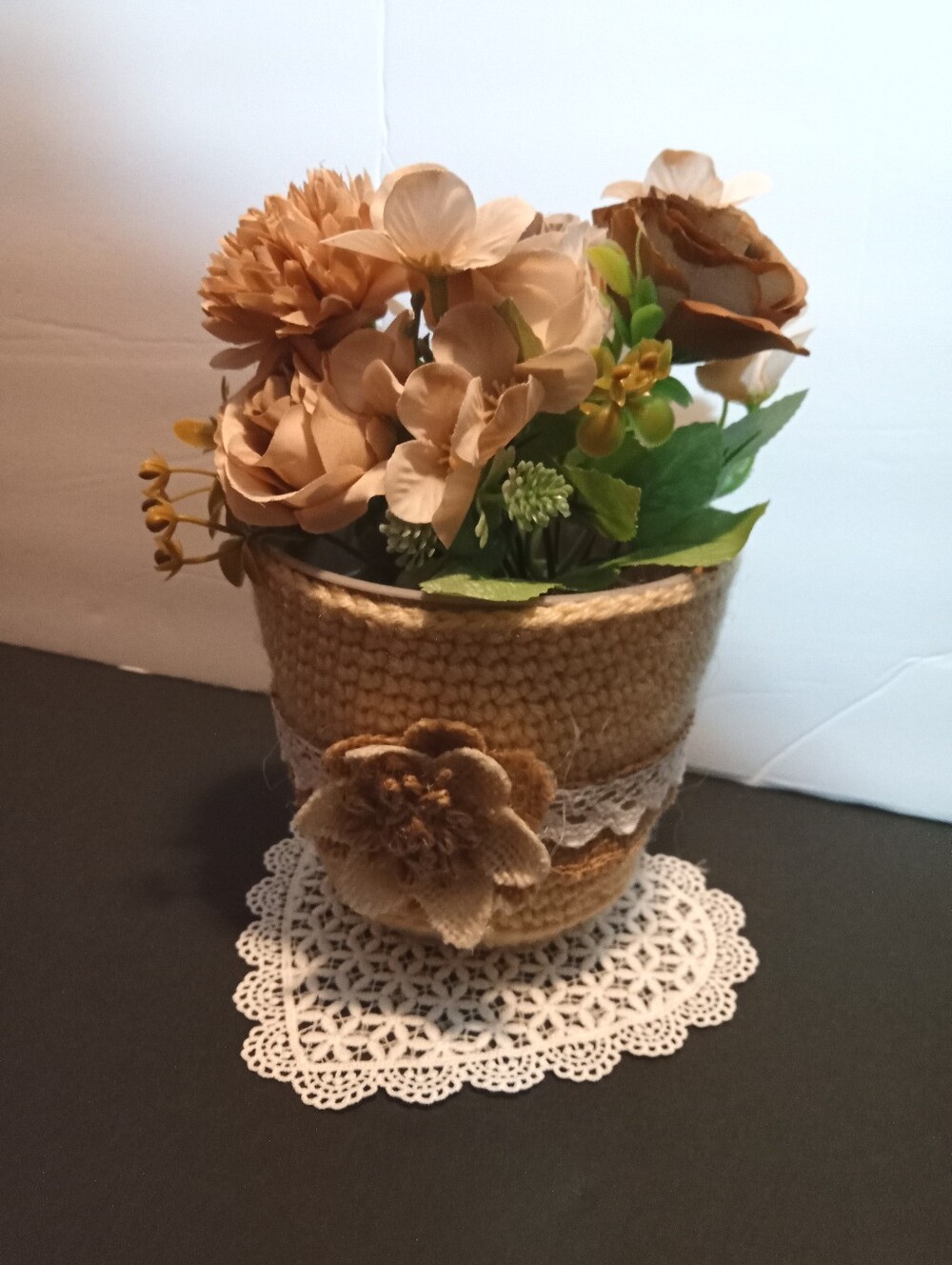 Hand Crocheted Neutral Tan Flower Pot with Decorative Burlap Trim